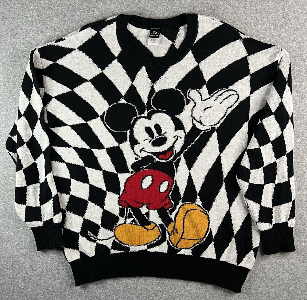 Disney Mickey Mouse Harlequin Check Pullover Sweater Black White XL
